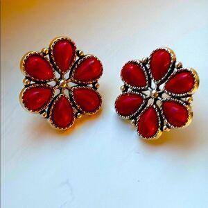 Red Cluster Stud Earrings – Faux Coral Zuni Navajo Native American Western Style